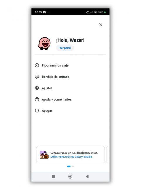 Aplicación Waze configuración menu principal