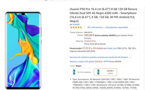 Huawei P30 Pro 16,4 cm (6.47) 6 GB 128 GB 4G Negro 4200 mAh